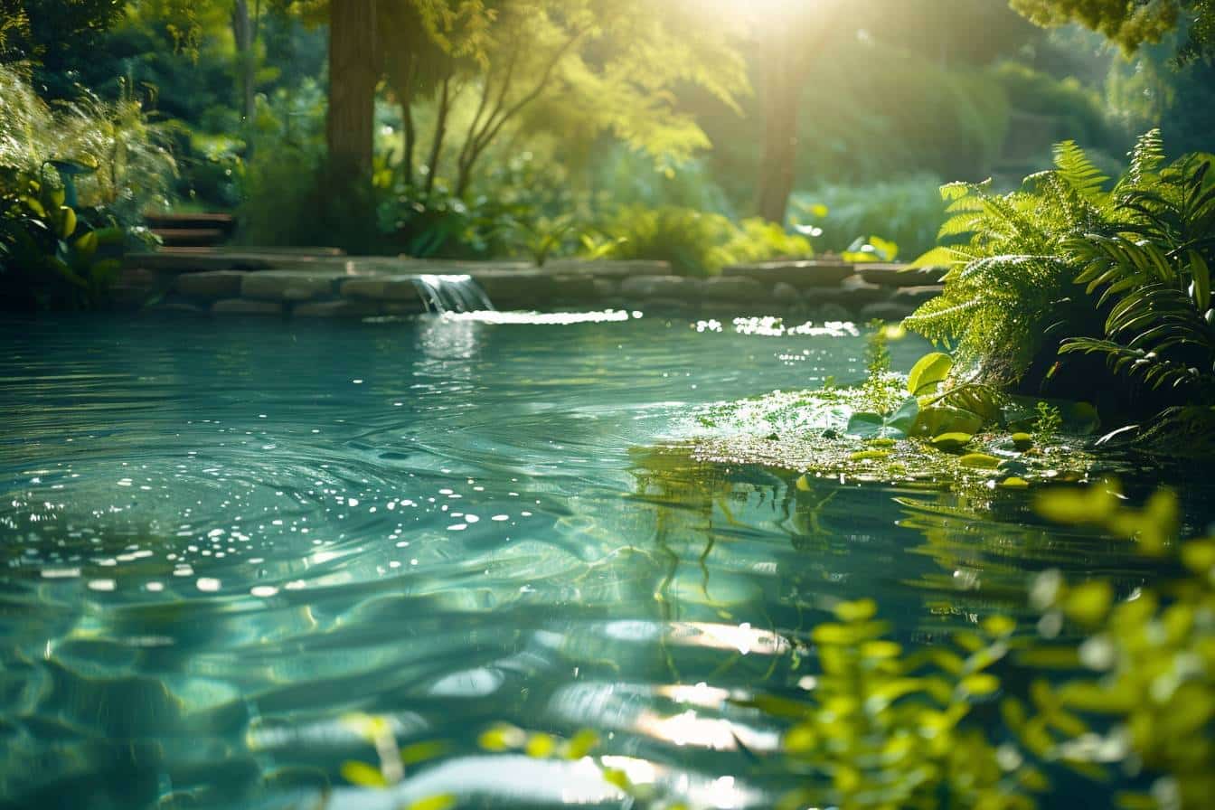 Piscine écologique entourée de verdure et de roches Espace aquatique traditionnel avec carrelage et béton