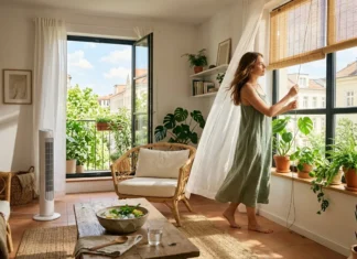 Comment rafraîchir son logement efficacement à l’arrivée des beaux jours sans exploser sa facture ? Femme ouvrant rideau dans salon ensoleillé avec plantes