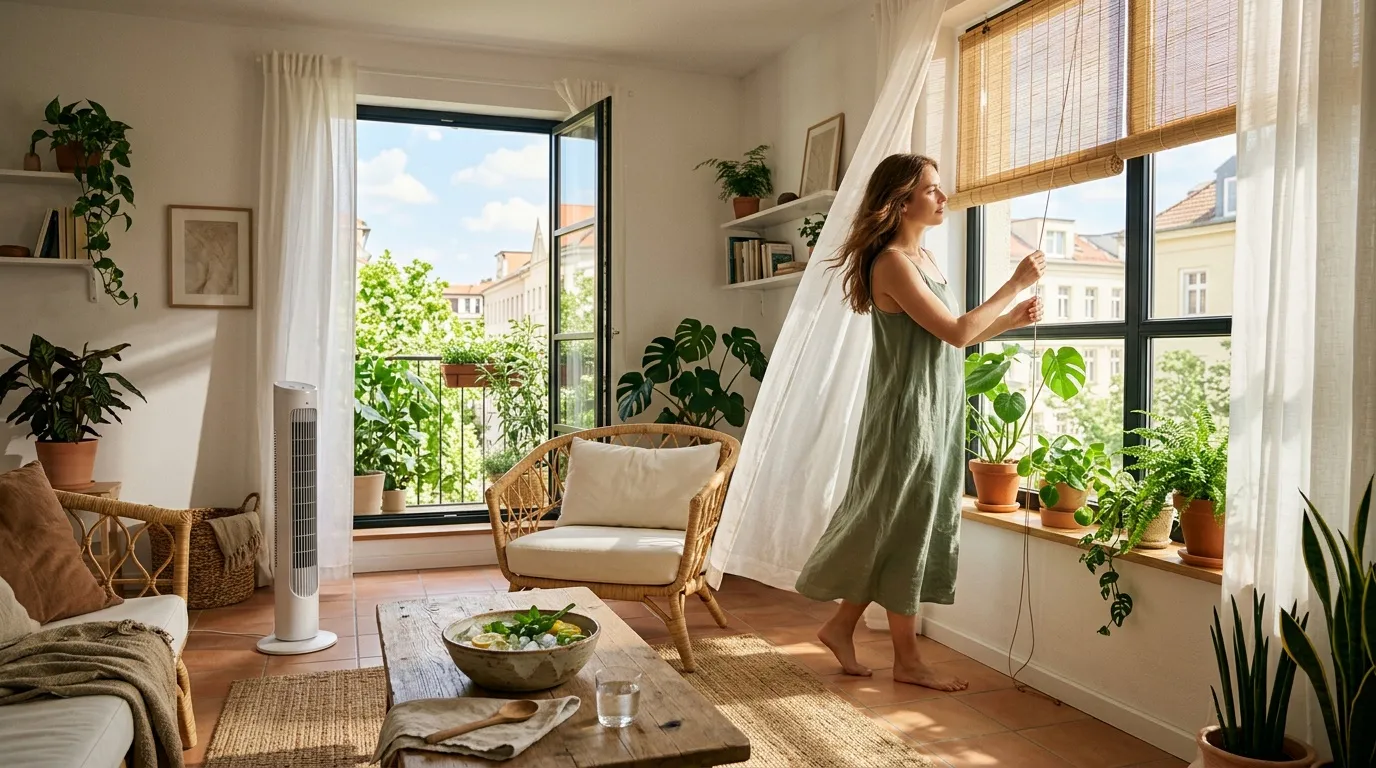 Comment rafraîchir son logement efficacement à l’arrivée des beaux jours sans exploser sa facture ? Femme ouvrant rideau dans salon ensoleillé avec plantes