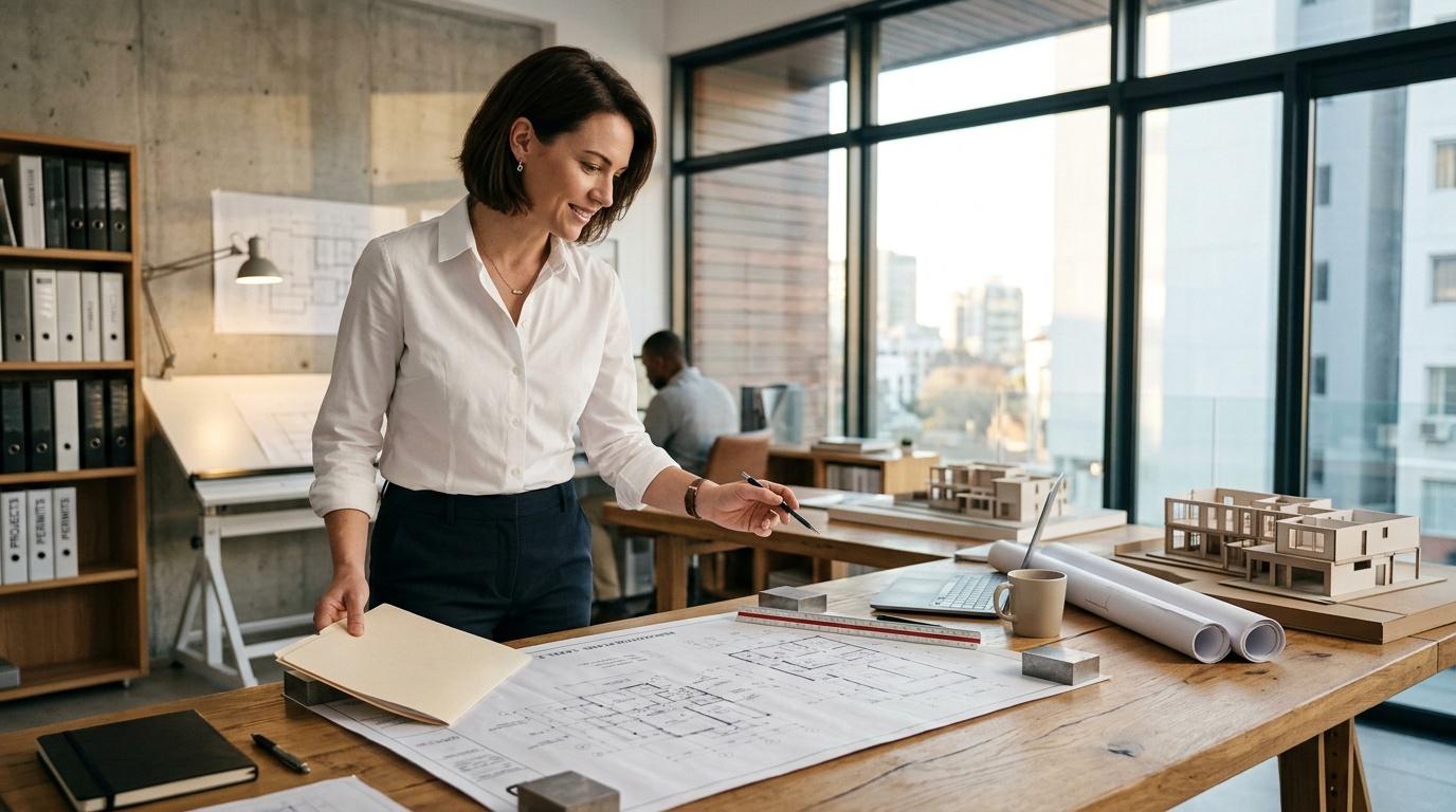 Les démarches administratives incontournables pour vos travaux de rénovation Femme architecte souriante examinant des plans sur son bureau