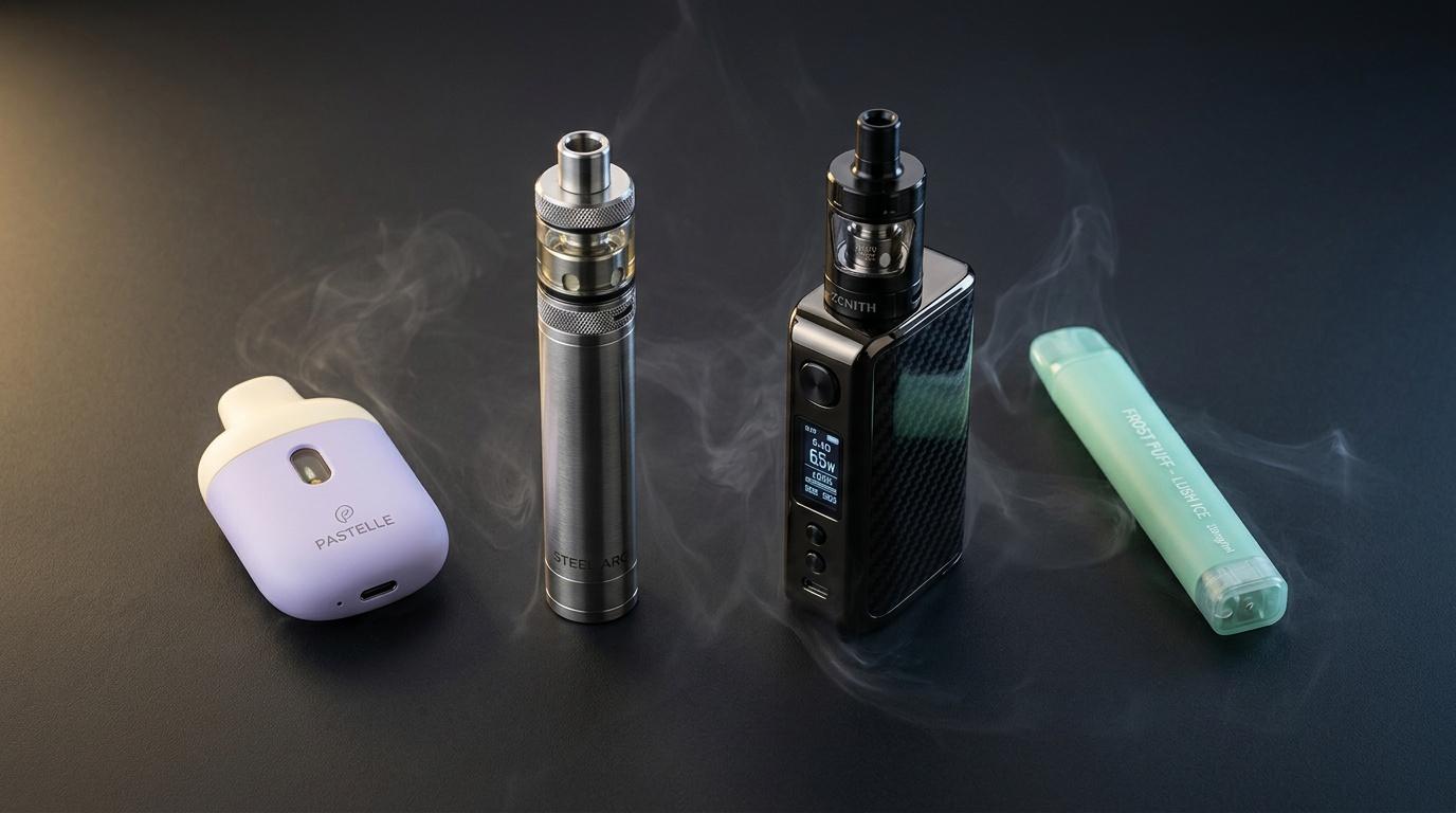 Les différents formats de vapotage et leurs particularités Cinq appareils de vapotage différents produisant de la vapeur