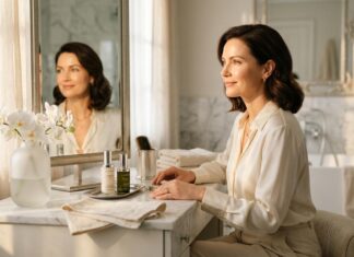 Comment la blépharoplastie permet de rajeunir le regard et de retrouver une meilleure mine ? Femme devant miroir avec produits de soins cosmétiques