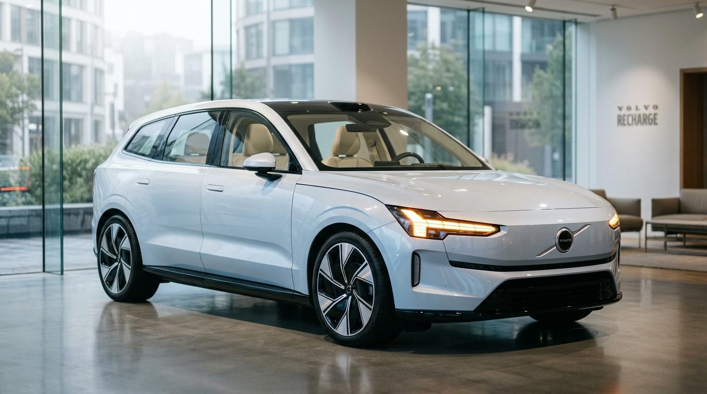 Combien coute une voiture Volvo électrique ? SUV électrique blanc Volvo dans showroom contemporain