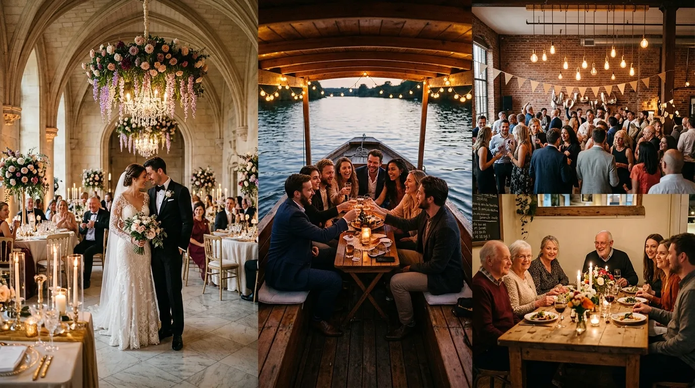 Célébrations de mariage dans trois lieux Trois scènes de mariage : cérémonie, dîner bateau, réception intérieure