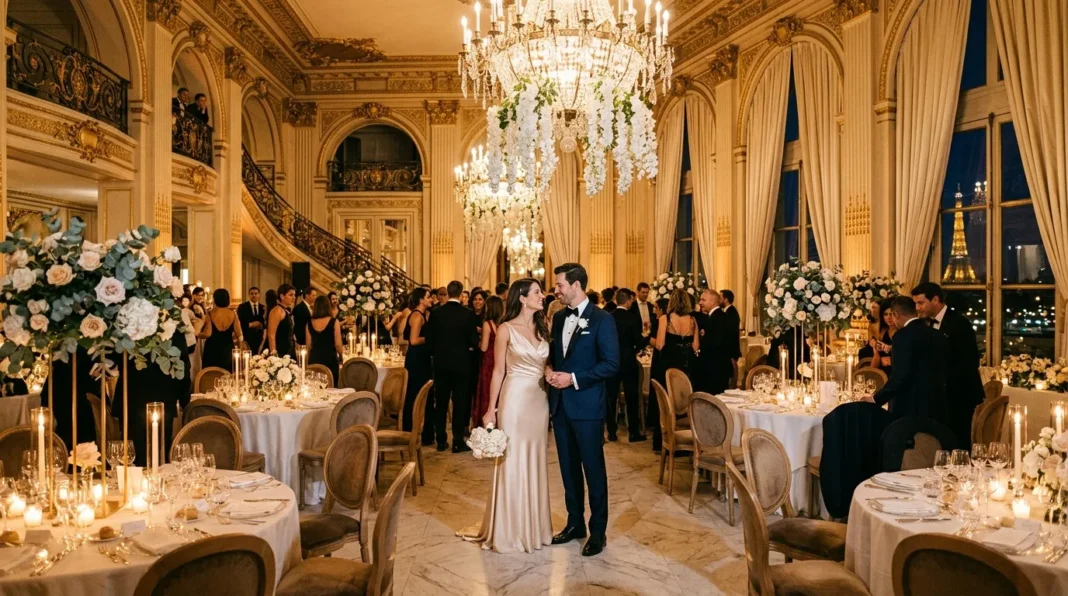 Mariage élégant à Paris Couple mariés dansant dans un somptueux ballroom parisien