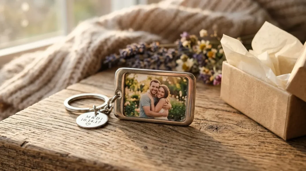 Porte-clés photo souvenir de couple Porte-clés gravé avec photo de couple amoureux sur table rustique