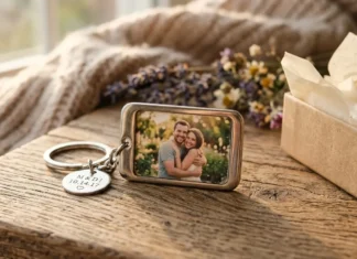 Quel cadeau personnalisé offrir quand on manque d’idée ? Focus sur le porte-clés photo Porte-clés gravé avec photo de couple amoureux sur table rustique