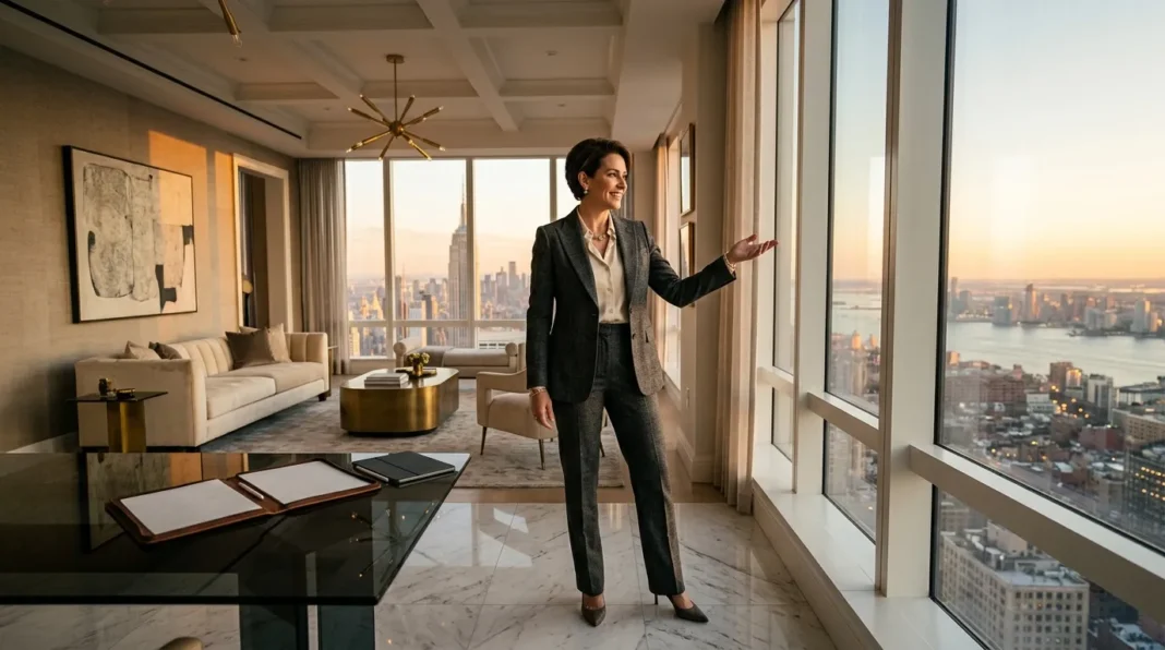 Femme d'affaires dans un penthouse luxueux Femme en costume gris dans un bureau moderne surplombant New York