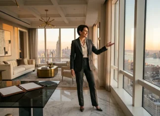 Comment choisir une agence immobilière haut de gamme pour vendre un bien d’exception ? Femme en costume gris dans un bureau moderne surplombant New York