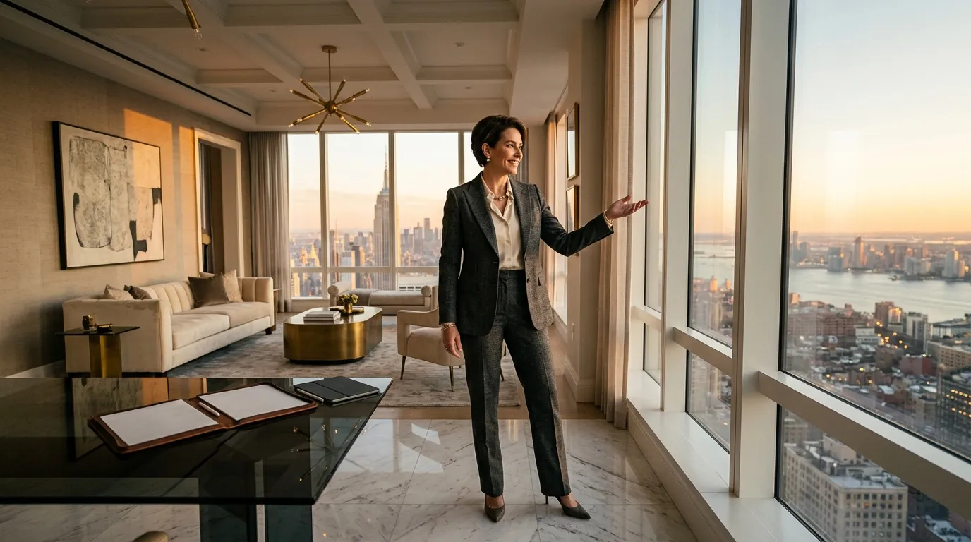 Comment choisir une agence immobilière haut de gamme pour vendre un bien d’exception ? Femme en costume gris dans un bureau moderne surplombant New York