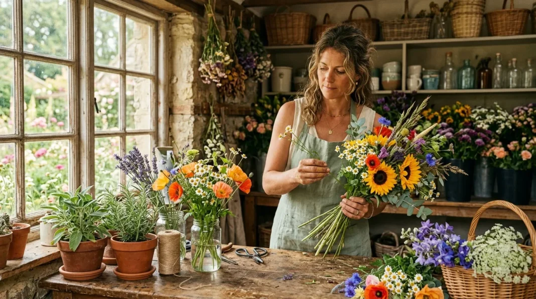 Fleuriste composant un bouquet champêtre Femme arrange un bouquet de fleurs colorées dans son atelier