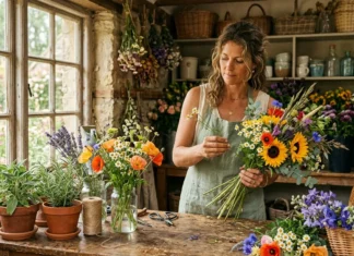 Fleurs locales et saisonnalité : un choix responsable Femme arrange un bouquet de fleurs colorées dans son atelier