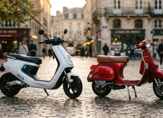 Assurance scooter 50 électrique : quelles différences avec un modèle thermique ? Deux scooters électriques blanc et rouge sur pavés parisiens