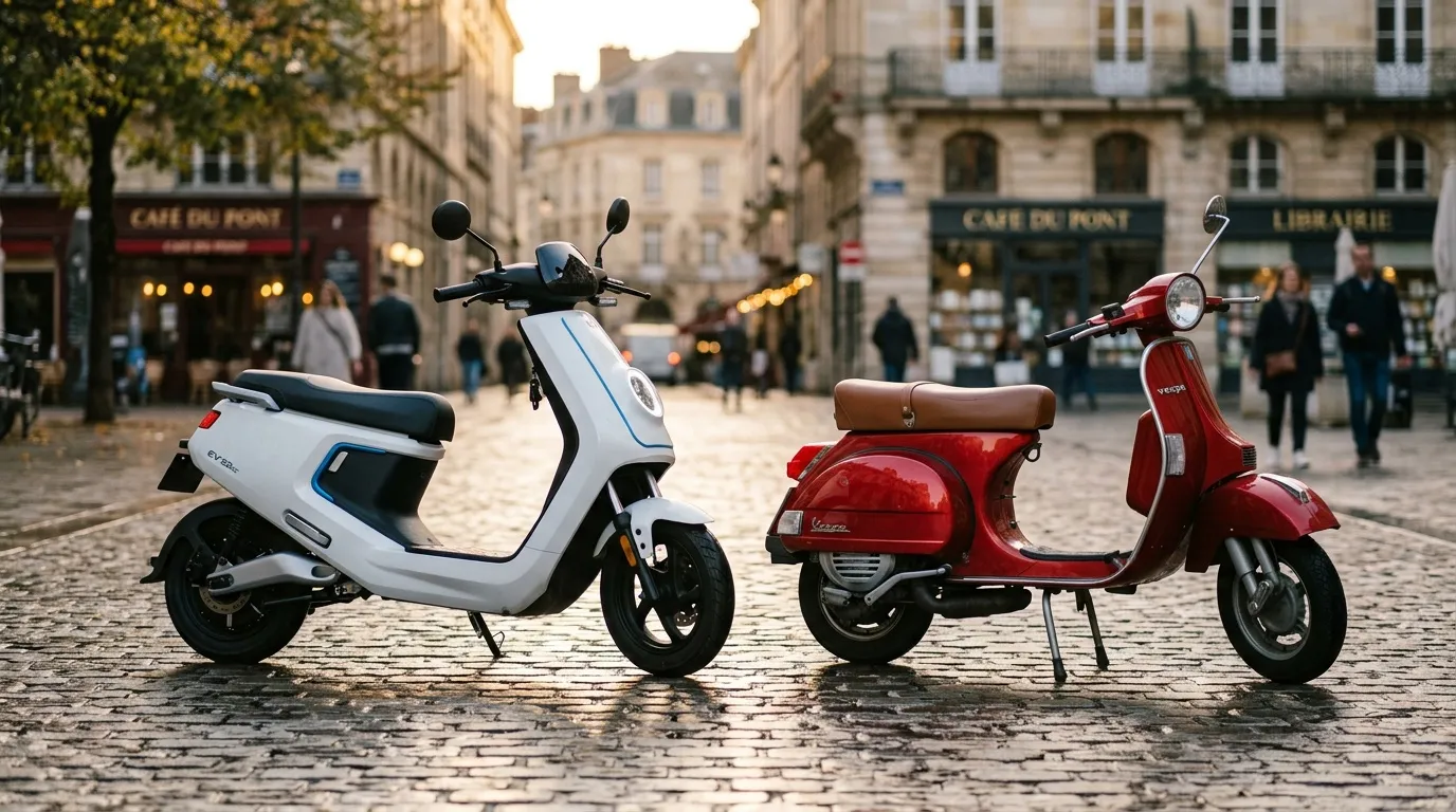 Assurance scooter 50 électrique : quelles différences avec un modèle thermique ? Deux scooters électriques blanc et rouge sur pavés parisiens