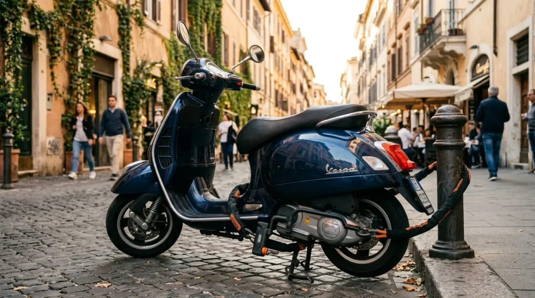 Vespa classique dans les rues romaines Scooter Vespa noir garé sur rue pavée italienne historique