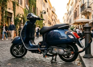 Comment choisir un antivol efficace pour protéger son scooter en ville ? Scooter Vespa noir garé sur rue pavée italienne historique