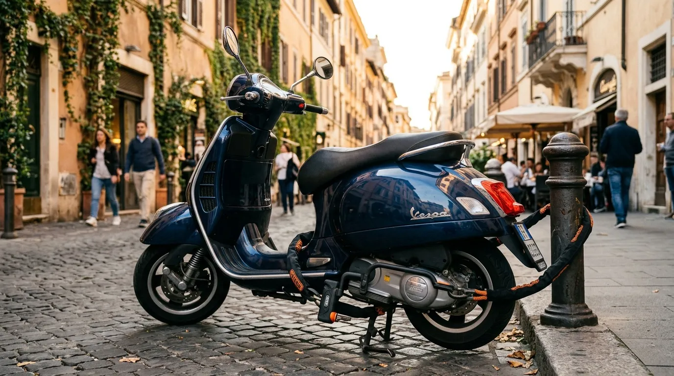 Comment choisir un antivol efficace pour protéger son scooter en ville ? Scooter Vespa noir garé sur rue pavée italienne historique
