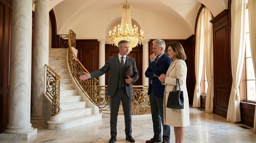 Visite guidée d'un palais élégant Trois personnes en costume dans un hall de palais luxueux avec chandelier