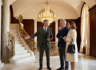 Quelles erreurs éviter lors de la vente d’un bien immobilier de luxe ? Trois personnes en costume dans un hall de palais luxueux avec chandelier