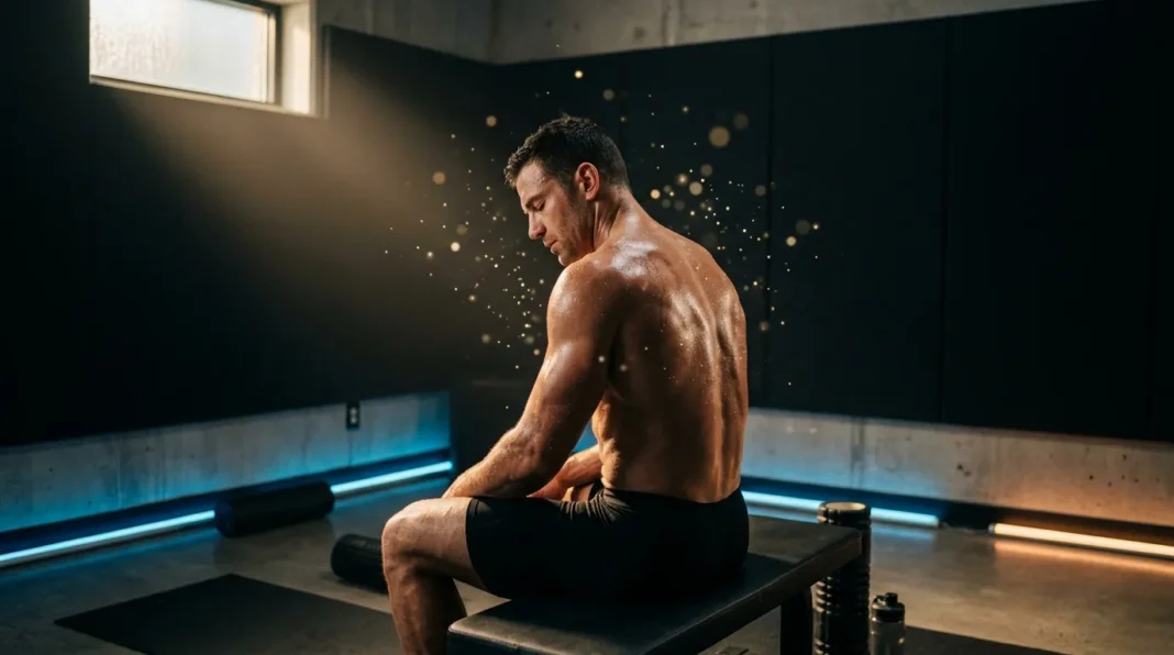 Athlète en repos après l'entraînement Homme musclé assis sur banc, sueur et particules dorées