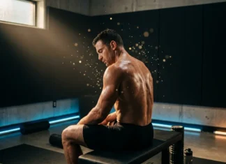 Récupération du système nerveux central en musculation : le facteur oublié de la croissance Homme musclé assis sur banc, sueur et particules dorées