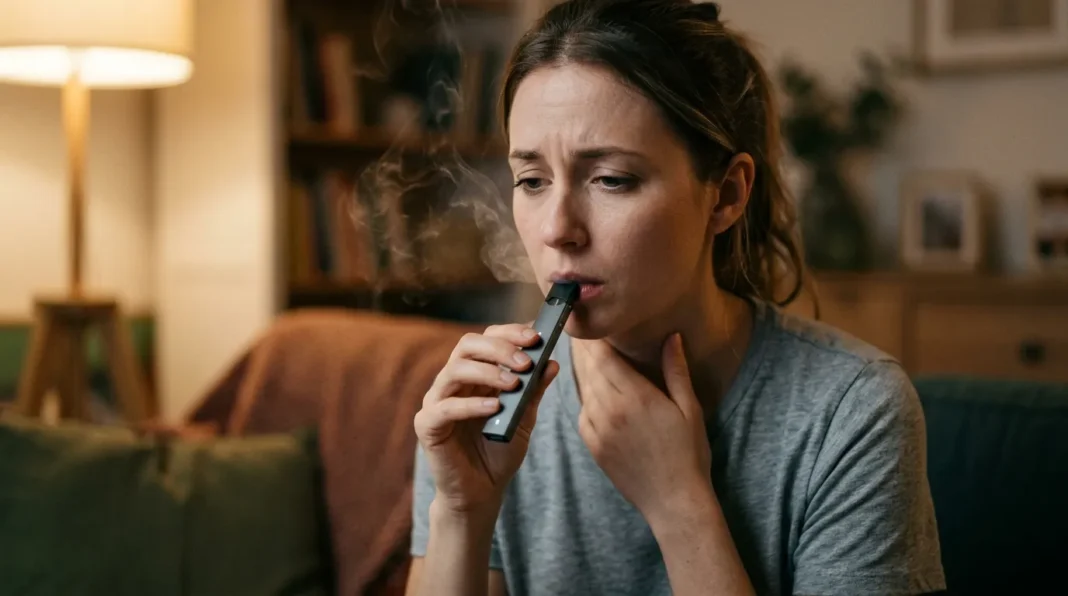 Femme fumant une cigarette électronique Femme en intérieur utilisant une cigarette électronique