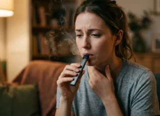 Toux et irritation au début de la vape : comment adapter son matériel pour protéger sa gorge ? Femme en intérieur utilisant une cigarette électronique