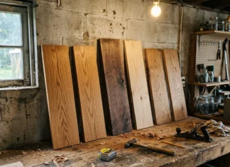 Quel bois choisir pour des étagères garage solides Planches de bois dans atelier artisanal avec outils