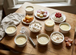 Que faire avec des blancs d’œufs : 10 recettes Table de bois avec crèmes, macarons, fruits et gâteaux pâtissiers
