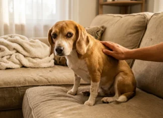 Hoquet chien : comment le calmer rapidement Beagle assis sur un canapé beige, reçoit des caresses d'une main.