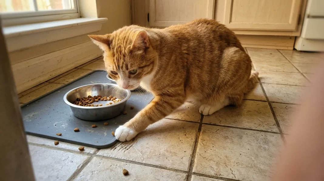 Chat roux mangeant ses croquettes Chat roux mangeant dans un bol sur tapis gris