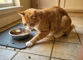 Chat gratte autour de gamelle : causes et solutions Chat roux mangeant dans un bol sur tapis gris