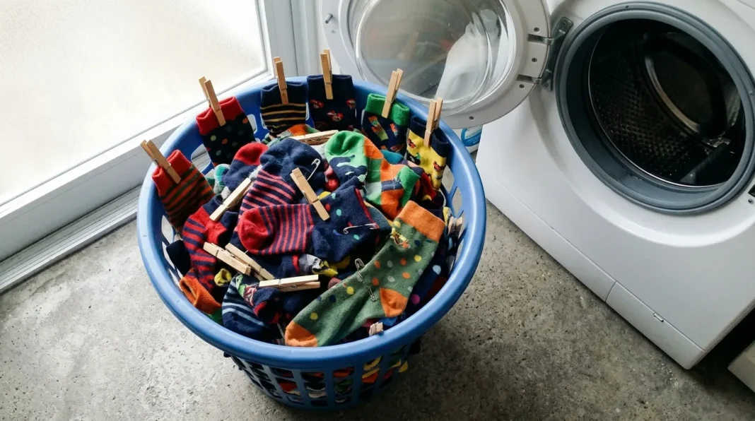 Chaussettes à sécher près de la machine Panier de chaussettes colorées à sécher avec pinces à linge
