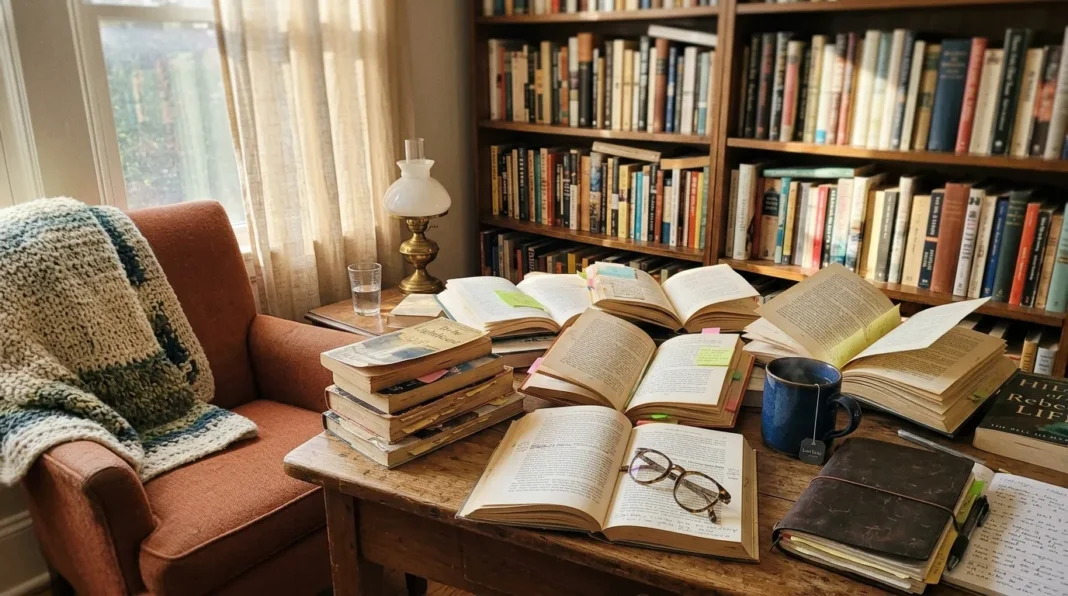 Coin de lecture studieux et cosy Bibliothèque avec fauteuil, livres ouverts et lampe vintage