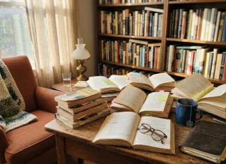 Retrouver le titre d’un livre oublié : 9 techniques Bibliothèque avec fauteuil, livres ouverts et lampe vintage