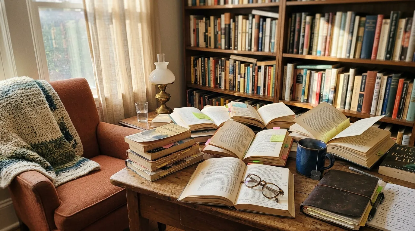 Retrouver le titre d’un livre oublié : 9 techniques Bibliothèque avec fauteuil, livres ouverts et lampe vintage