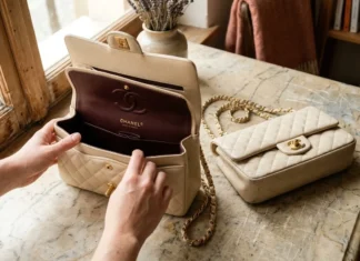Reconnaître un vrai sac de luxe d’occasion : guide Femme montrant sacs à main Chanel beige quilté sur table marble