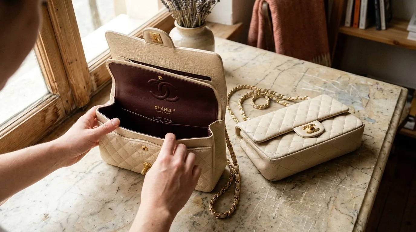 Reconnaître un vrai sac de luxe d’occasion : guide Femme montrant sacs à main Chanel beige quilté sur table marble