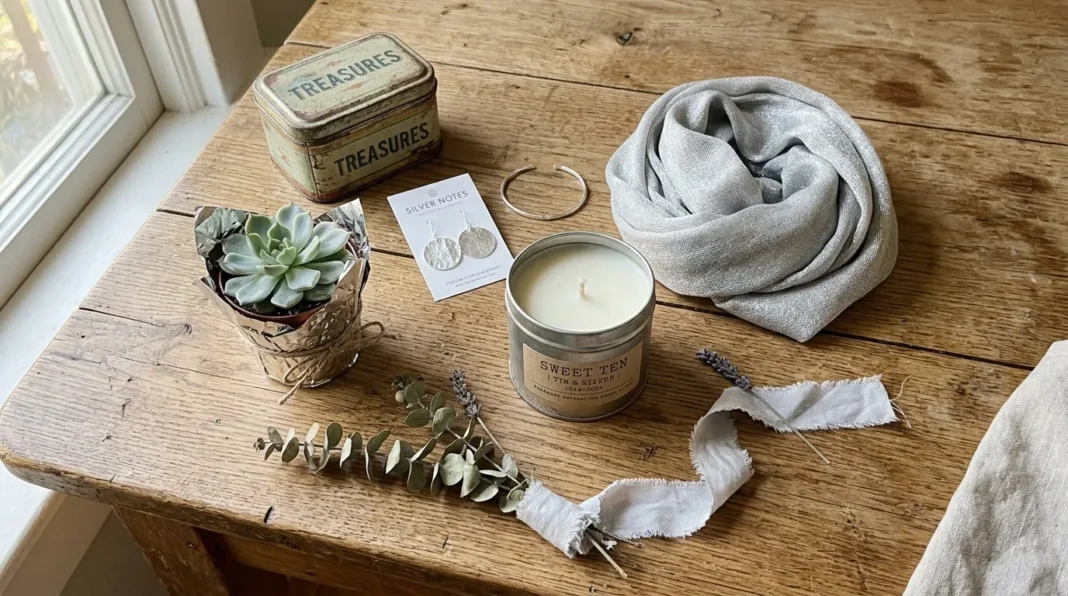 Composition de décoration minimaliste et naturelle Table en bois avec bougie, plante succulente, bijoux et textiles gris