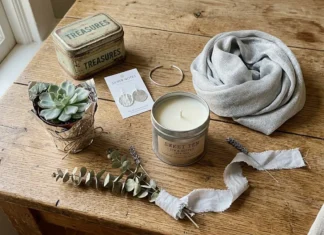 Cadeau original noces d’étain 10 ans : 30 idées Table en bois avec bougie, plante succulente, bijoux et textiles gris