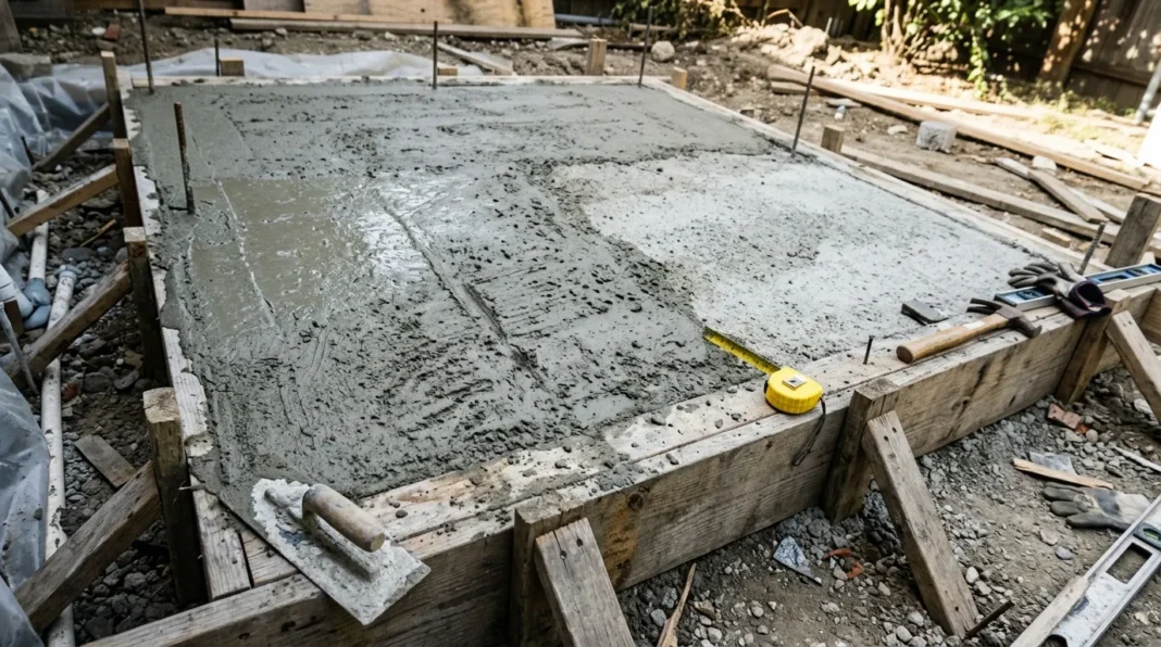 Coulage de béton en construction Dalle de béton frais coulée dans coffrage bois de chantier