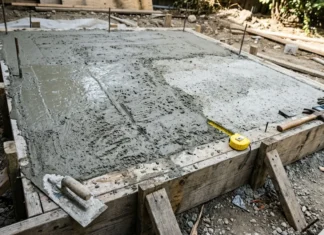 Épaisseur dalle béton jacuzzi : le guide complet Dalle de béton frais coulée dans coffrage bois de chantier