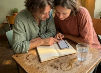 Application budget partagé : guide pour voyager en couple Homme et femme regardent un smartphone près d'un cahier ouvert