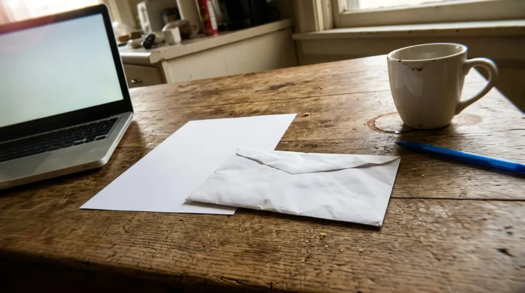 Espace de travail avec café et papiers Bureau en bois avec laptop, mug de café, papiers et stylo bleu