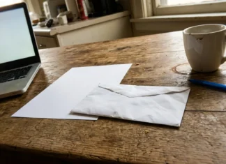 Lettre réclamation prélèvement bancaire abusif Bureau en bois avec laptop, mug de café, papiers et stylo bleu