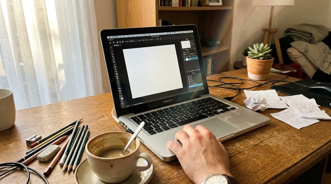 Espace de travail créatif design Designer travaillant sur Photoshop à son bureau avec café et accessoires