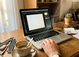 Alternative gratuite à Photoshop sans téléchargement Designer travaillant sur Photoshop à son bureau avec café et accessoires