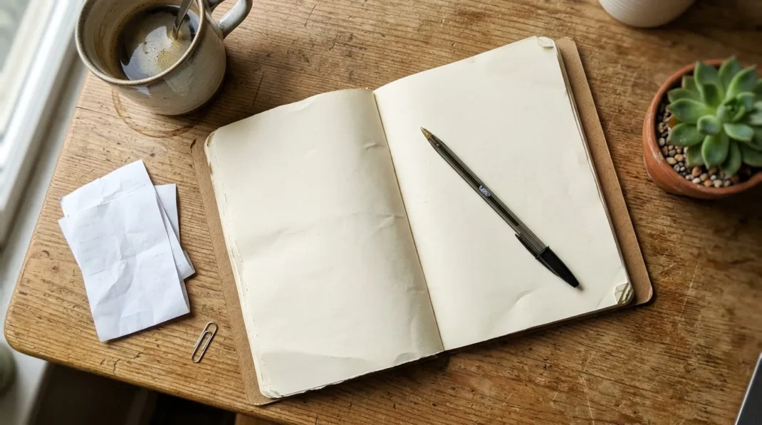 Espace de travail créatif et minimaliste Carnet ouvert avec stylo sur bureau en bois naturel