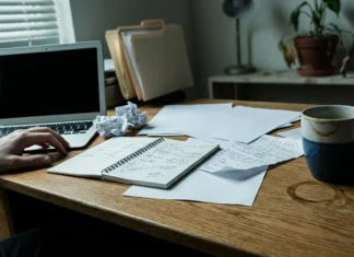 Faillite entreprise : 5 indicateurs à surveiller Bureau avec ordinateur portable, notes manuscrites et café chaud
