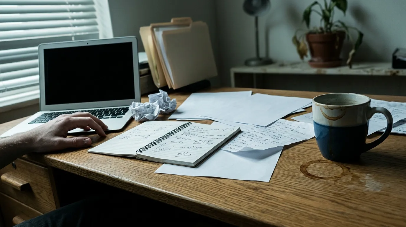 Faillite entreprise : 5 indicateurs à surveiller Bureau avec ordinateur portable, notes manuscrites et café chaud